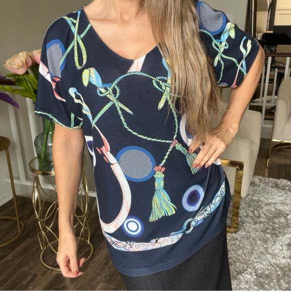 Rinatti Collection Navy Blue Printed Oversized V Neck Relaxed Fit Viscose Top 3L - Picture 1 of 10